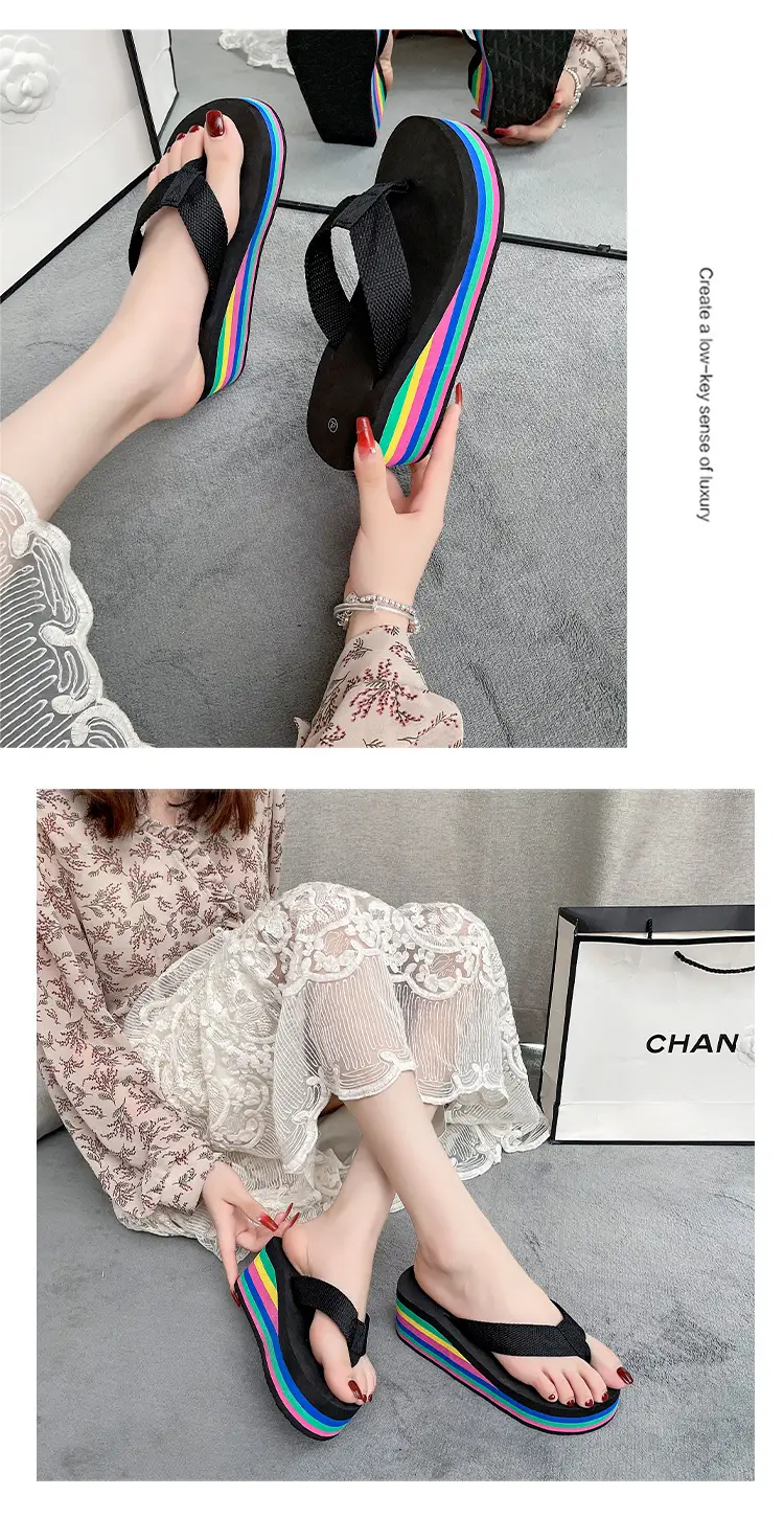 New Fashion Rainbow Flip-Flops Women's Summer Thick Bottom High Heel Net Infrared Wear Casual Seaside Beach Sandals and Slippers Trendy — feature 9