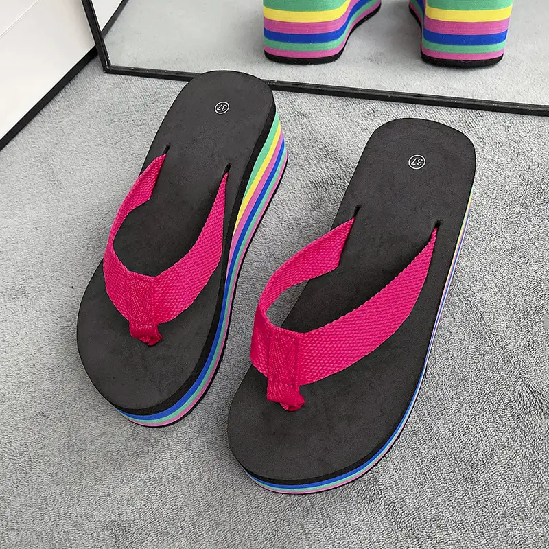New Fashion Rainbow Flip-Flops Women's Summer Thick Bottom High Heel Net Infrared Wear Casual Seaside Beach Sandals and Slippers Trendy - Image 2