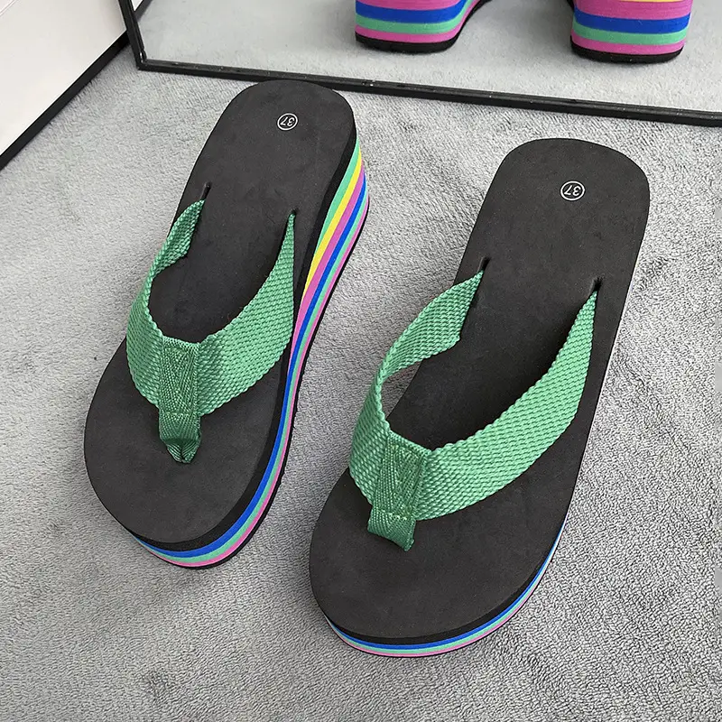 New Fashion Rainbow Flip-Flops Women's Summer Thick Bottom High Heel Net Infrared Wear Casual Seaside Beach Sandals and Slippers Trendy - Image 3