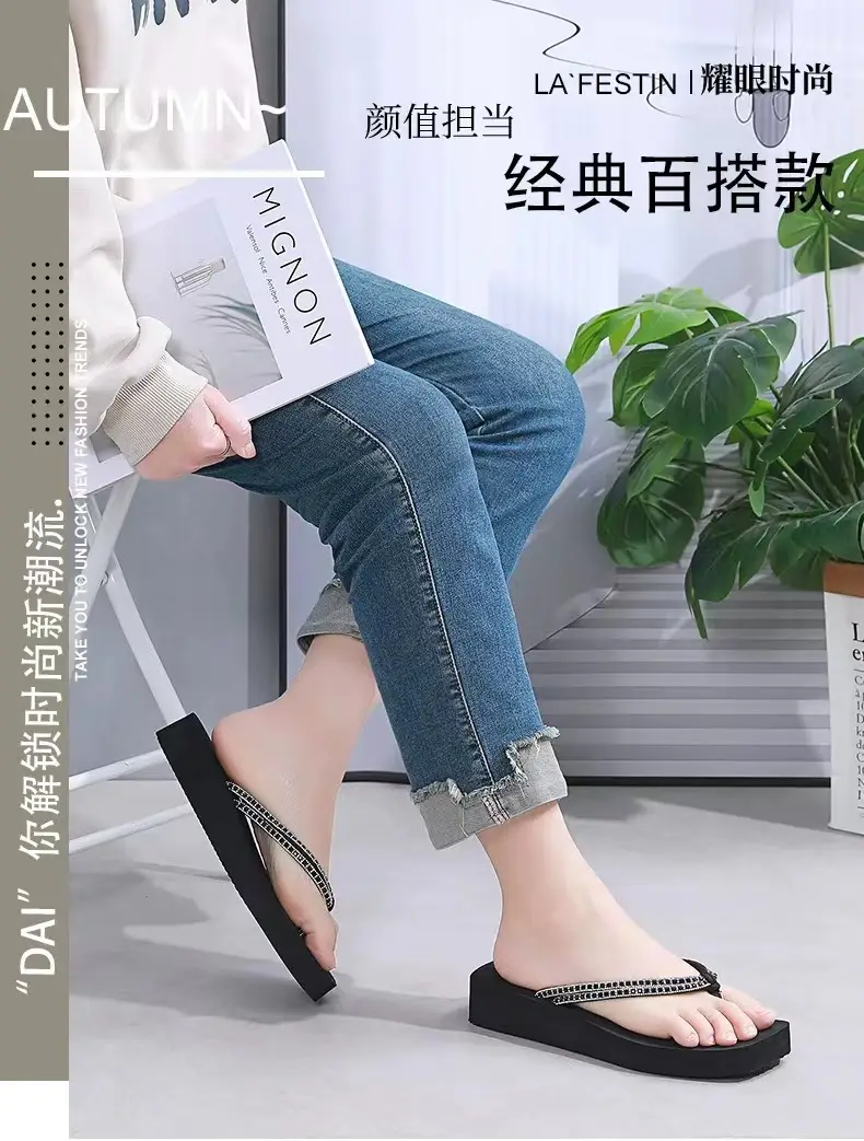 Summer New Women's Thick Bottom Rhinestone Beach Flip Flops Casual Fashion Thick Bottom Platform Non-slip Beach Clip Flip Flops — feature 1
