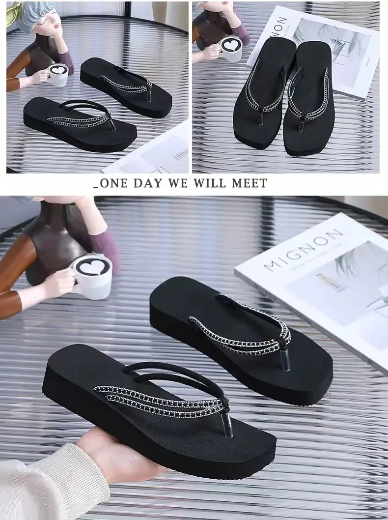Summer New Women's Thick Bottom Rhinestone Beach Flip Flops Casual Fashion Thick Bottom Platform Non-slip Beach Clip Flip Flops — feature 10