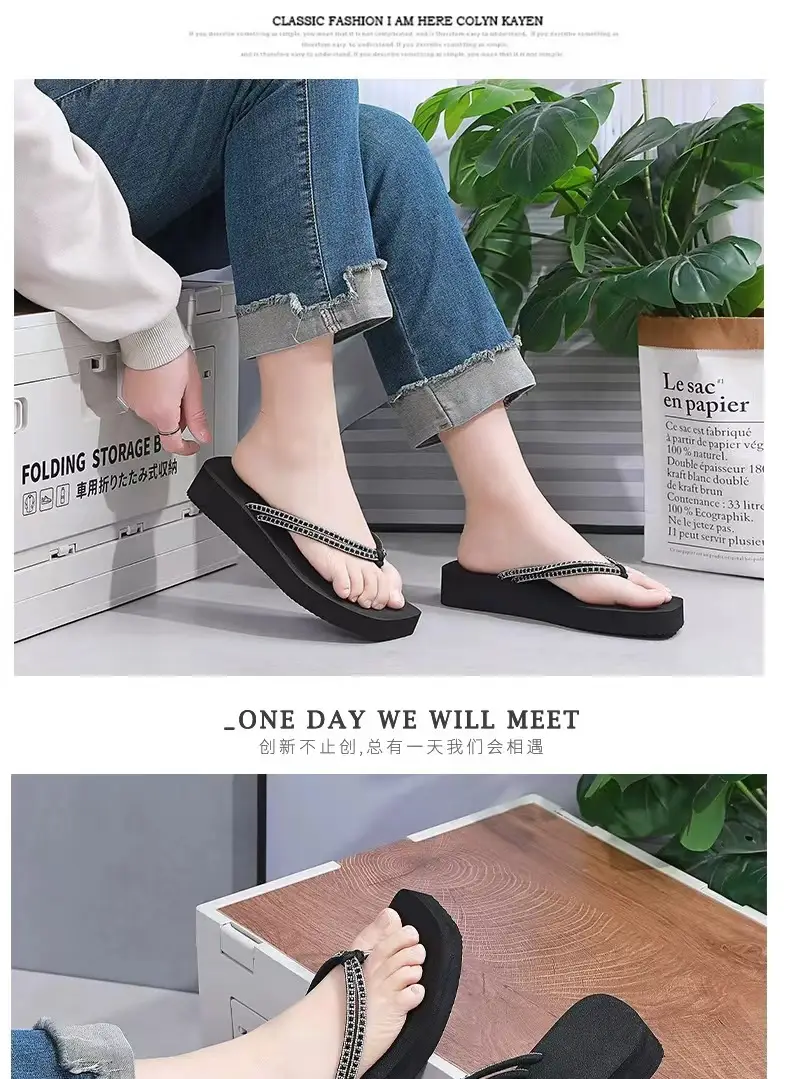 Summer New Women's Thick Bottom Rhinestone Beach Flip Flops Casual Fashion Thick Bottom Platform Non-slip Beach Clip Flip Flops — feature 11