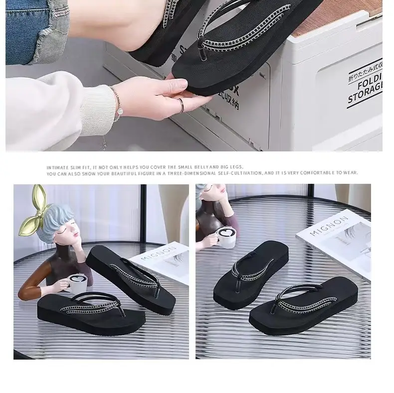 Summer New Women's Thick Bottom Rhinestone Beach Flip Flops Casual Fashion Thick Bottom Platform Non-slip Beach Clip Flip Flops — feature 12