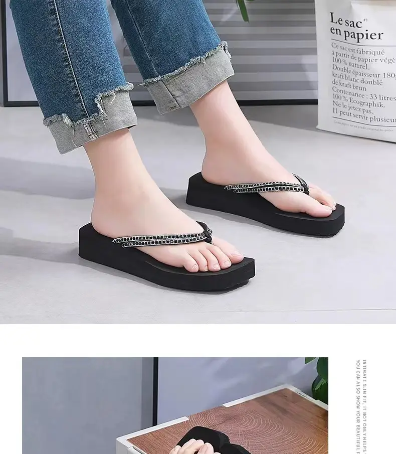 Summer New Women's Thick Bottom Rhinestone Beach Flip Flops Casual Fashion Thick Bottom Platform Non-slip Beach Clip Flip Flops — feature 13