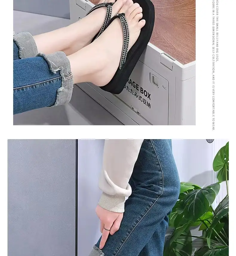 Summer New Women's Thick Bottom Rhinestone Beach Flip Flops Casual Fashion Thick Bottom Platform Non-slip Beach Clip Flip Flops — feature 14