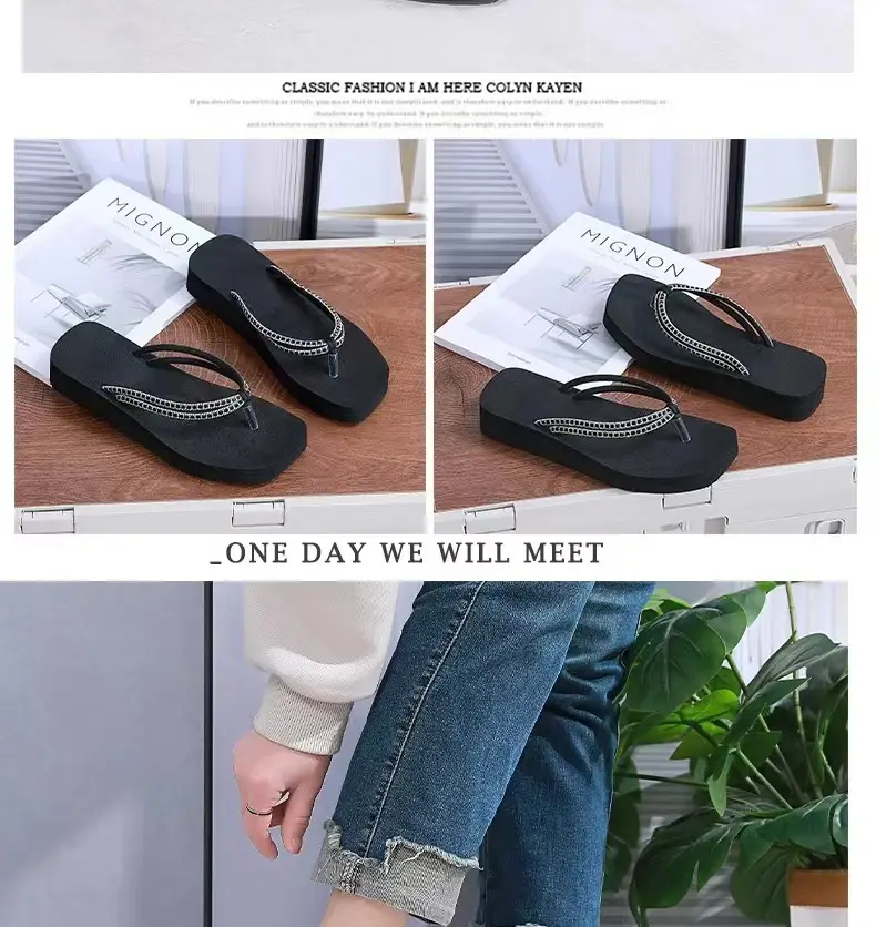 Summer New Women's Thick Bottom Rhinestone Beach Flip Flops Casual Fashion Thick Bottom Platform Non-slip Beach Clip Flip Flops — feature 15