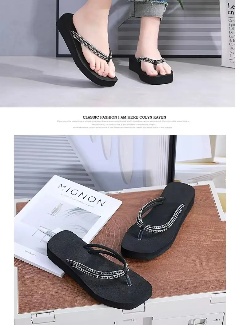 Summer New Women's Thick Bottom Rhinestone Beach Flip Flops Casual Fashion Thick Bottom Platform Non-slip Beach Clip Flip Flops — feature 16