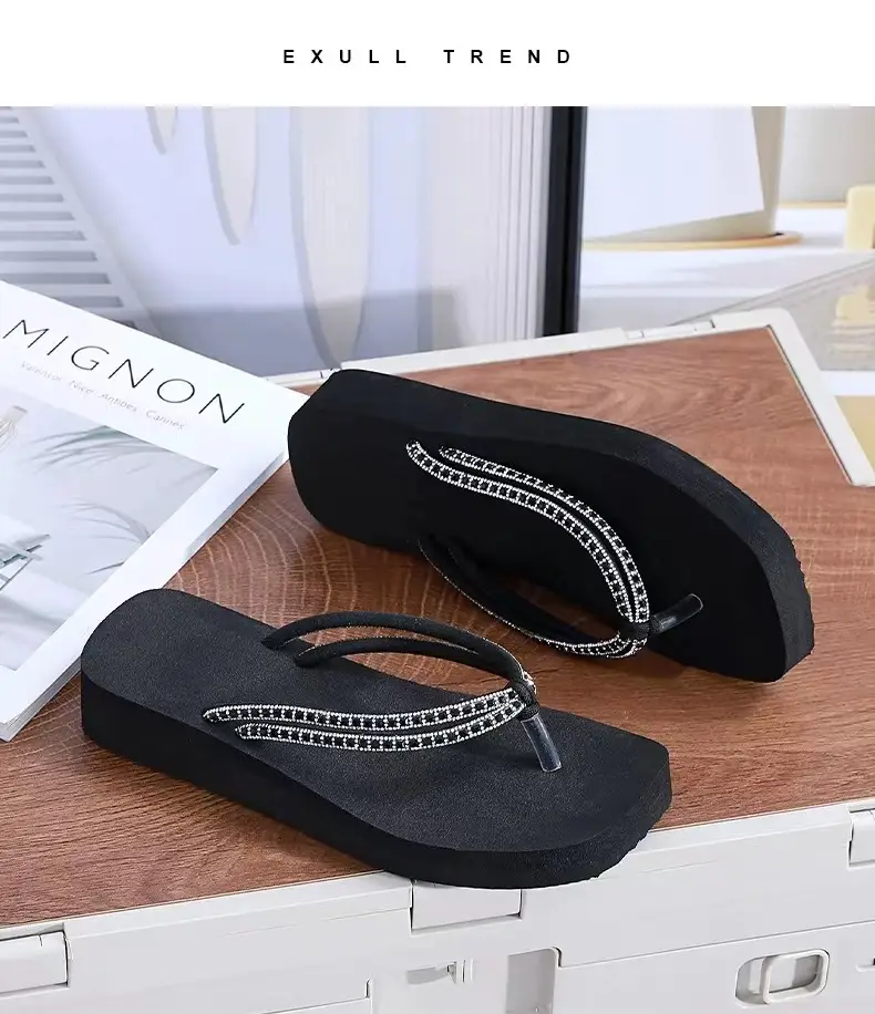 Summer New Women's Thick Bottom Rhinestone Beach Flip Flops Casual Fashion Thick Bottom Platform Non-slip Beach Clip Flip Flops — feature 17