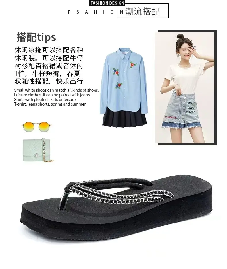 Summer New Women's Thick Bottom Rhinestone Beach Flip Flops Casual Fashion Thick Bottom Platform Non-slip Beach Clip Flip Flops — feature 3