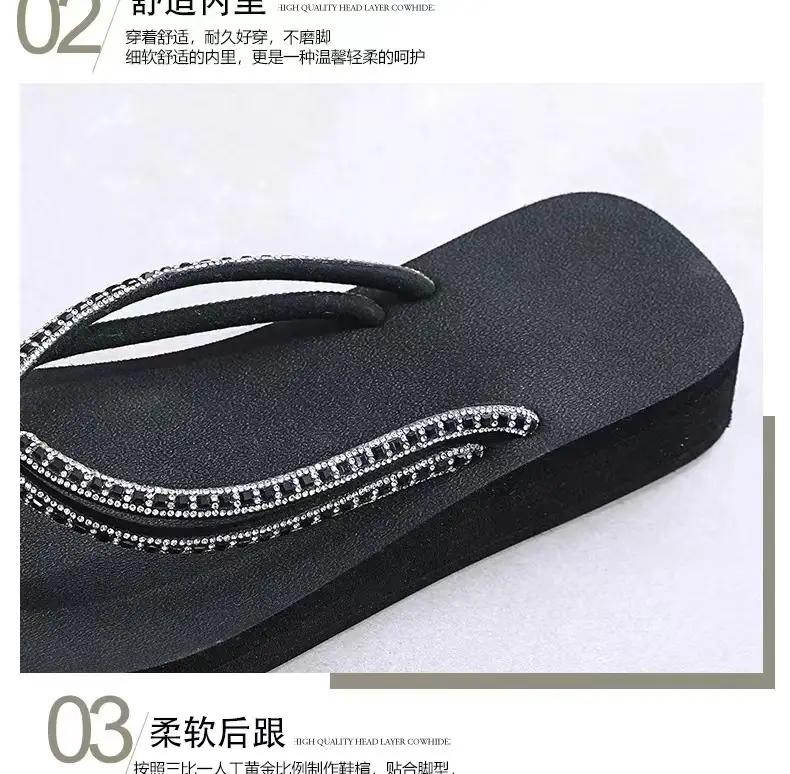 Summer New Women's Thick Bottom Rhinestone Beach Flip Flops Casual Fashion Thick Bottom Platform Non-slip Beach Clip Flip Flops — feature 5