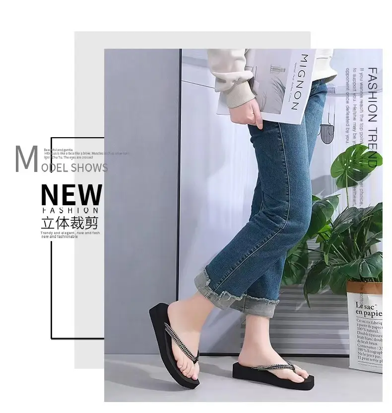 Summer New Women's Thick Bottom Rhinestone Beach Flip Flops Casual Fashion Thick Bottom Platform Non-slip Beach Clip Flip Flops — feature 8