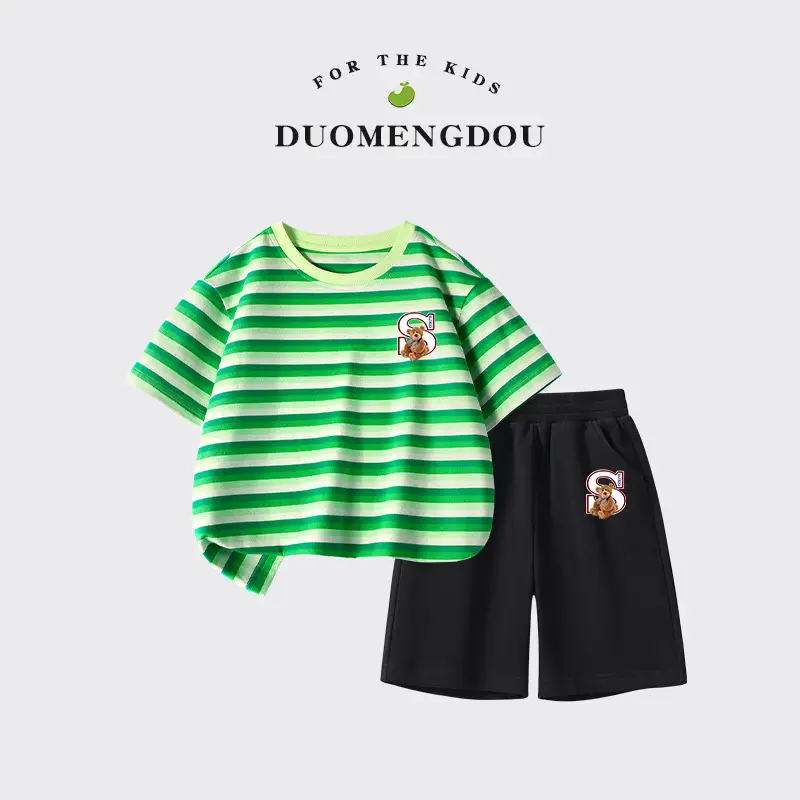 Boys Striped Cotton Shorts Set Summer New Kidsren - Image 2