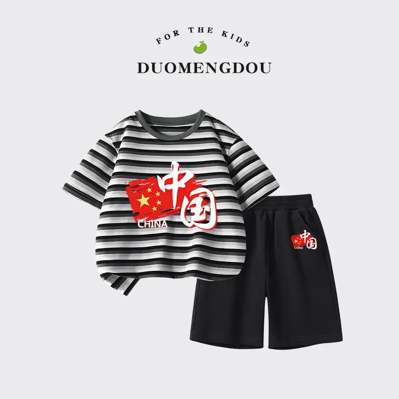 Boys Striped Cotton Shorts Set Summer New Kidsren - Image 3