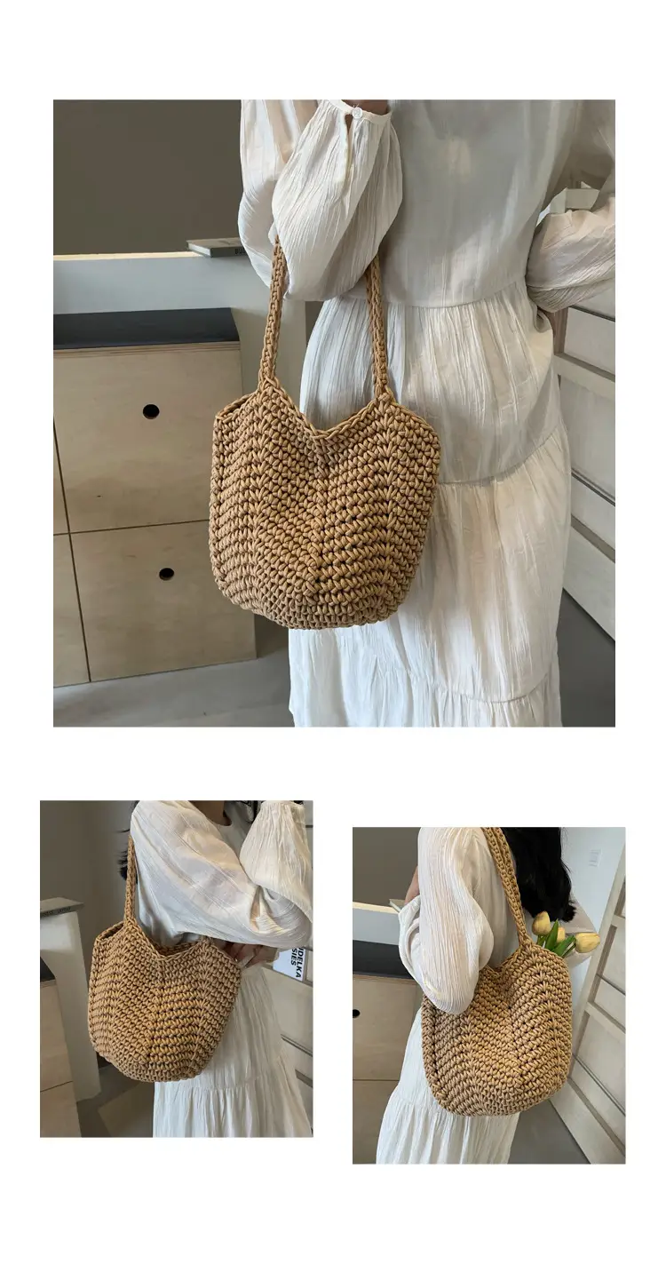 Women's Hollow Woven Bucket Bag Large Capacity Travel Bag — feature 22