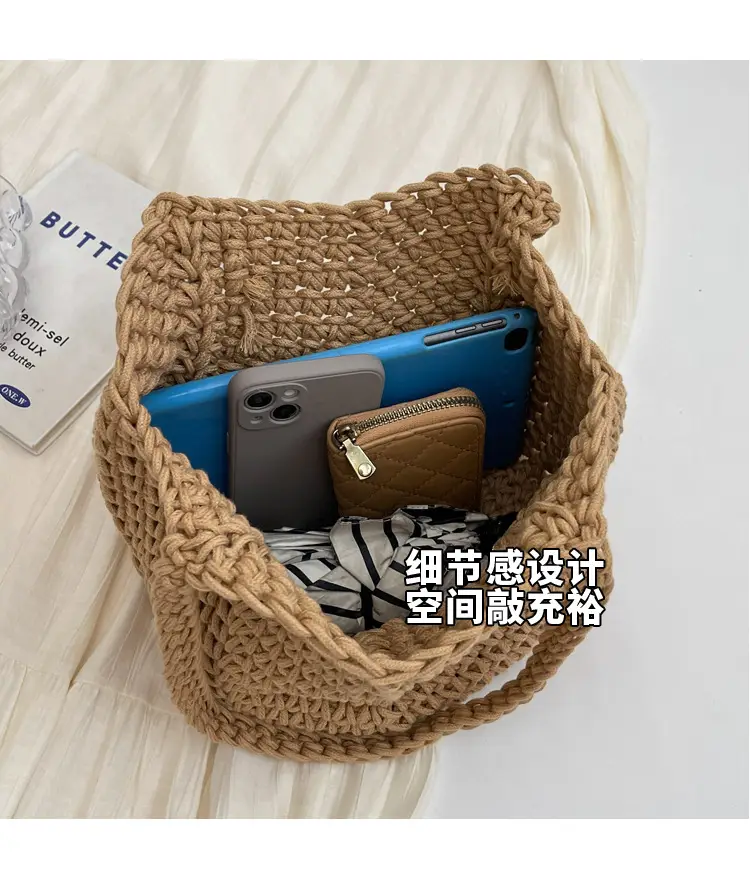 Women's Hollow Woven Bucket Bag Large Capacity Travel Bag — feature 6