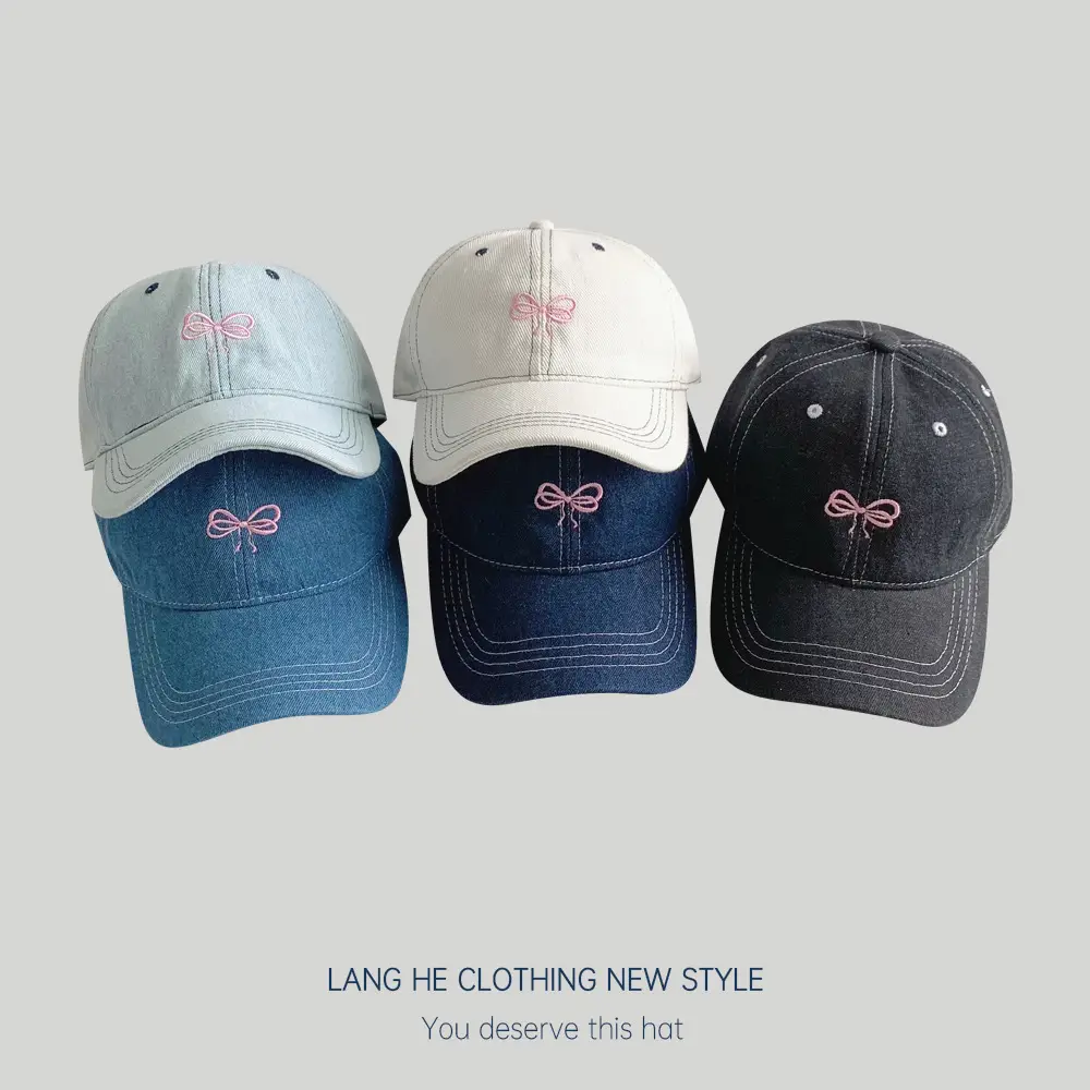 Women Denim Baseball Cap with Embroidered Bow Blue