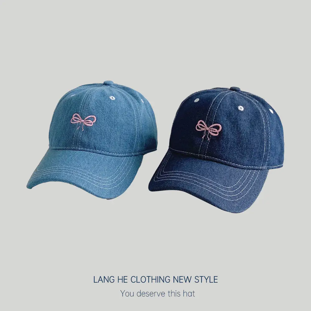 Women Denim Baseball Cap with Embroidered Bow Blue