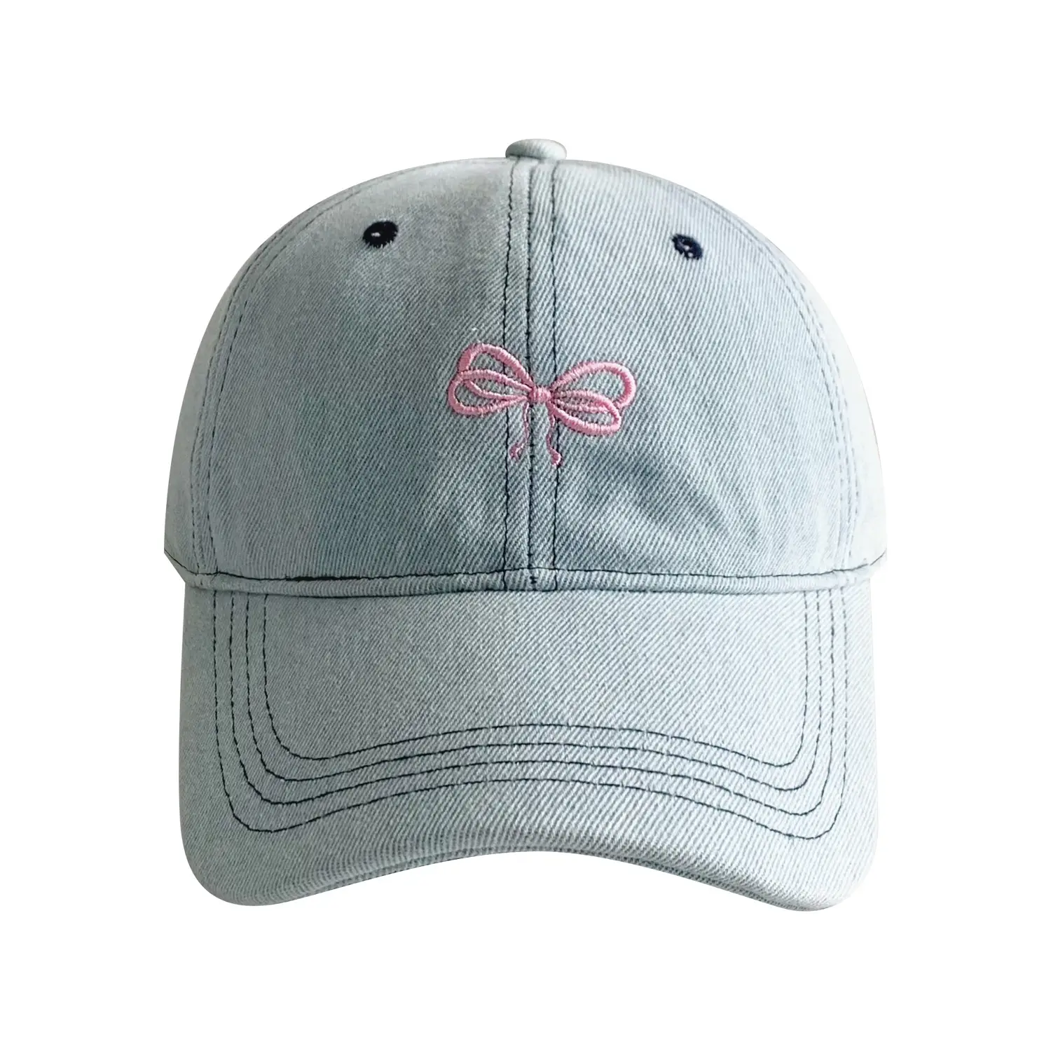 Women Denim Baseball Cap with Embroidered Bow Blue