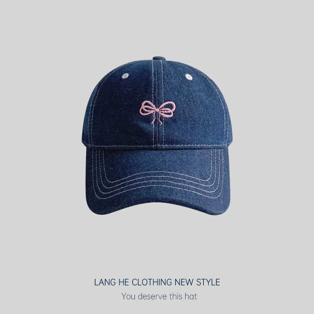 Women Denim Baseball Cap with Embroidered Bow Blue