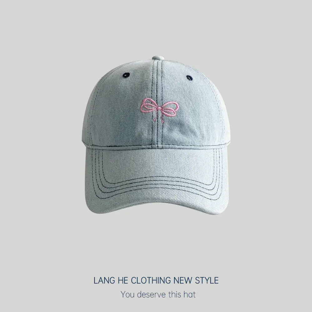 Women Denim Baseball Cap with Embroidered Bow Blue