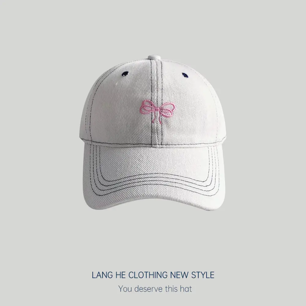 Women Denim Baseball Cap with Embroidered Bow Blue
