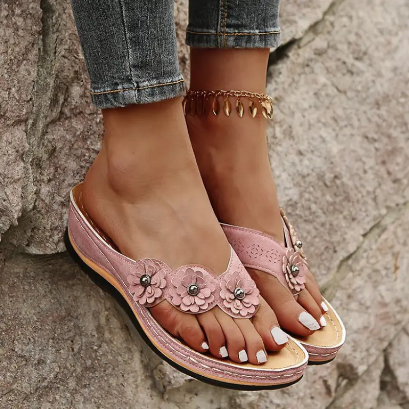 Women's 2022 Red Three Flower Slippers with Thick Bottom - Image 4