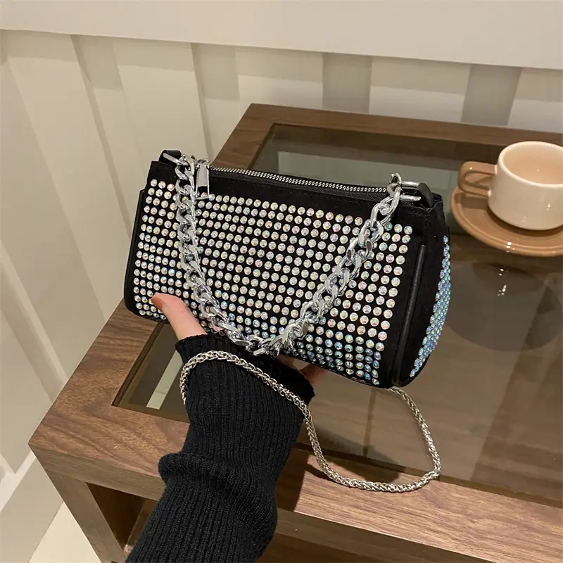 Black Full Diamond Chain Crossbody Bag for Women 2024