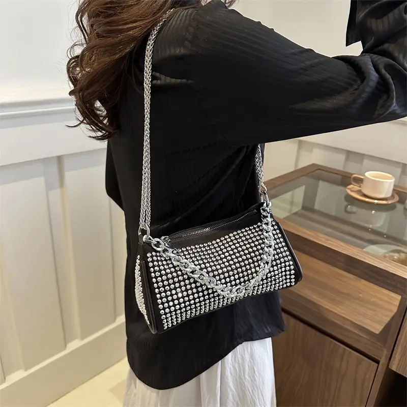 Black Full Diamond Chain Crossbody Bag for Women 2024