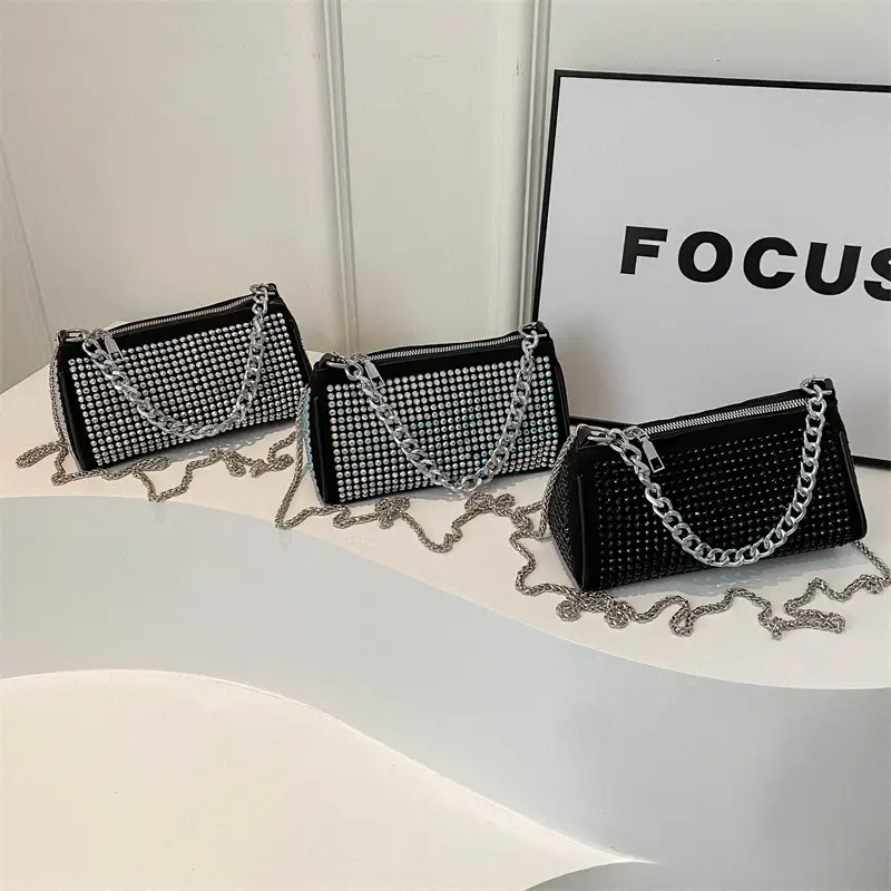 Black Full Diamond Chain Crossbody Bag for Women 2024