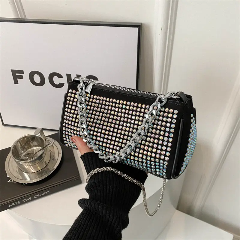 Black Full Diamond Chain Crossbody Bag for Women 2024
