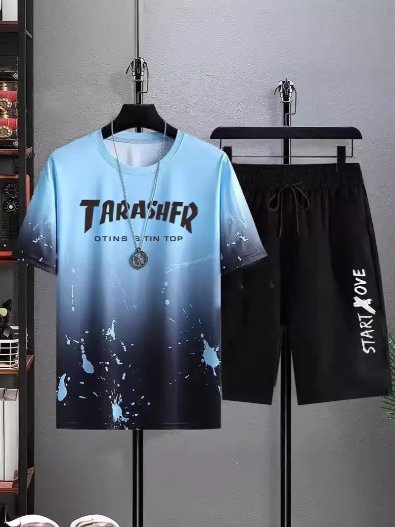 Men Ice Silk Gradient Shorts Set White Black Urban Print - Image 15
