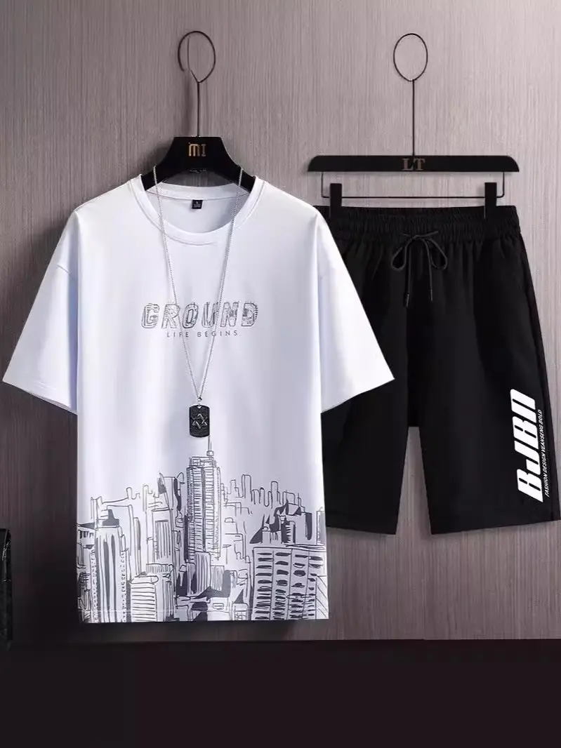 Men Ice Silk Gradient Shorts Set White Black Urban Print - Image 16