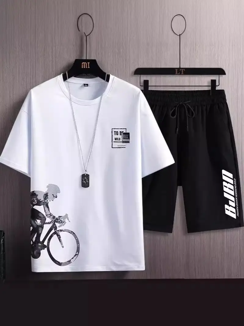 Men Ice Silk Gradient Shorts Set White Black Urban Print - Image 17