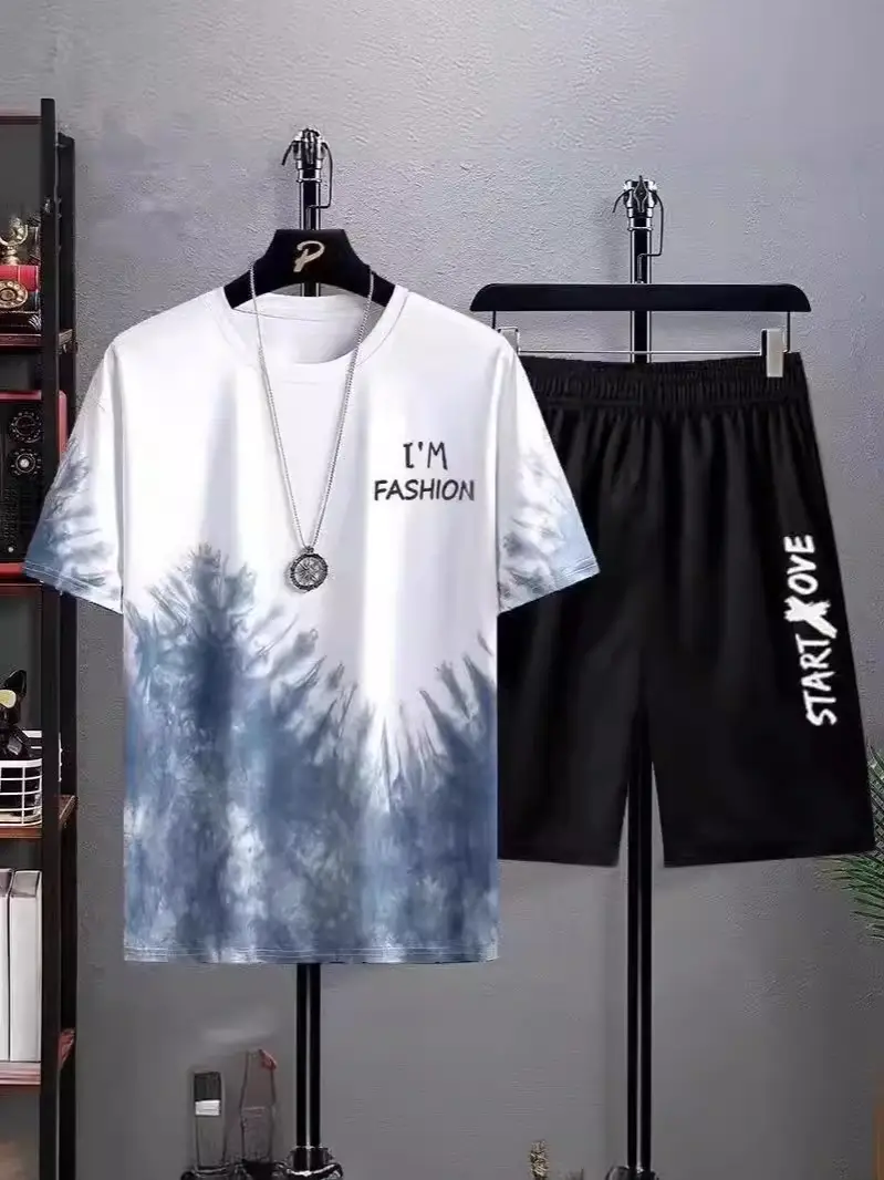 Men Ice Silk Gradient Shorts Set White Black Urban Print - Image 18
