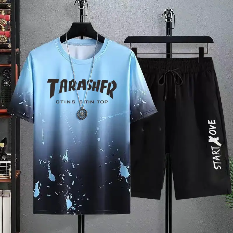 Men Ice Silk Gradient Shorts Set White Black Urban Print — feature 15