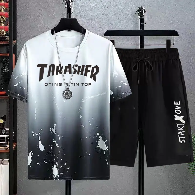Men Ice Silk Gradient Shorts Set White Black Urban Print — feature 16