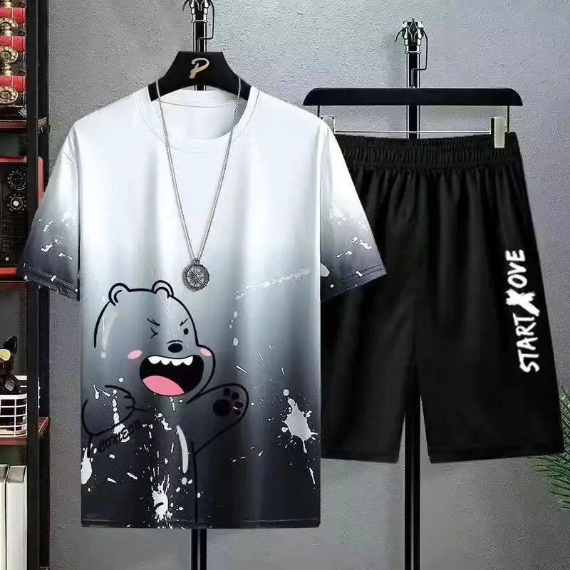 Men Ice Silk Gradient Shorts Set White Black Urban Print - Image 4