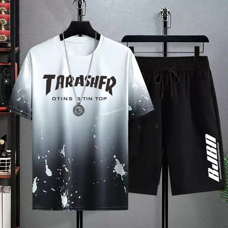 Men Ice Silk Gradient Shorts Set White Black Urban Print - Image 5