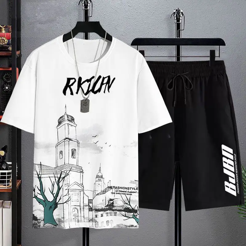 Men Ice Silk Gradient Shorts Set White Black Urban Print - Image 7