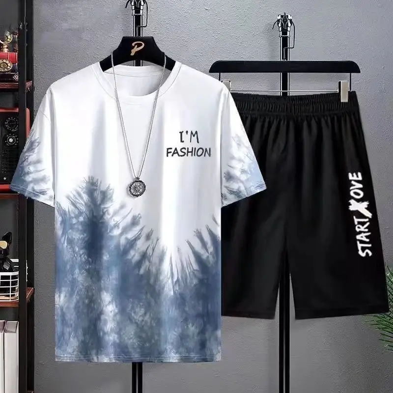 Men Ice Silk Gradient Shorts Set White Black Urban Print - Image 8