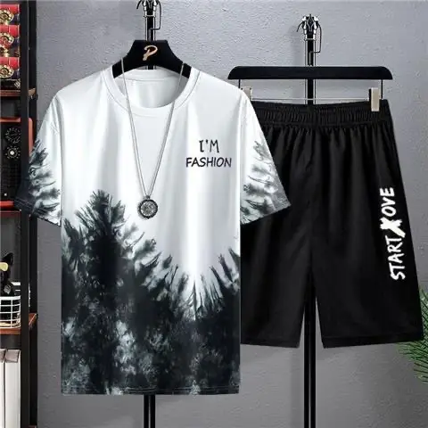 Men Ice Silk Gradient Shorts Set White Black Urban Print - Image 9