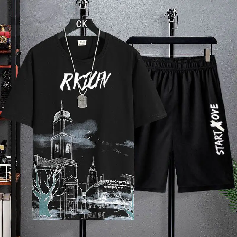 Men Ice Silk Gradient Shorts Set White Black Urban Print - Image 11