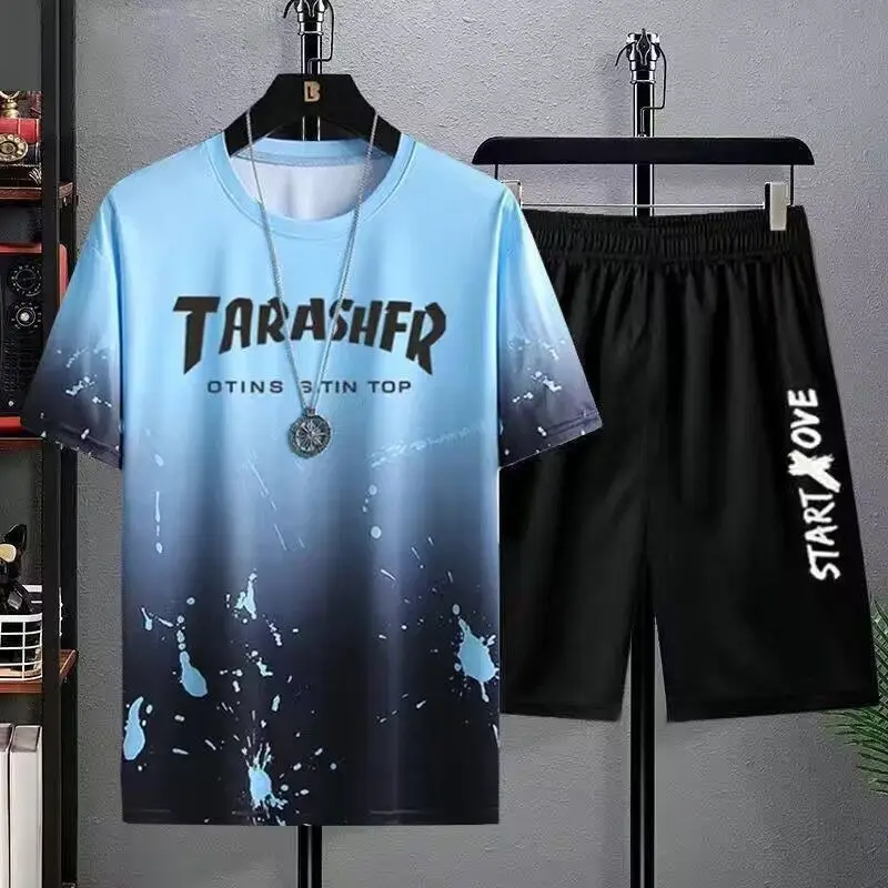 Men Ice Silk Gradient Shorts Set White Black Urban Print - Image 12