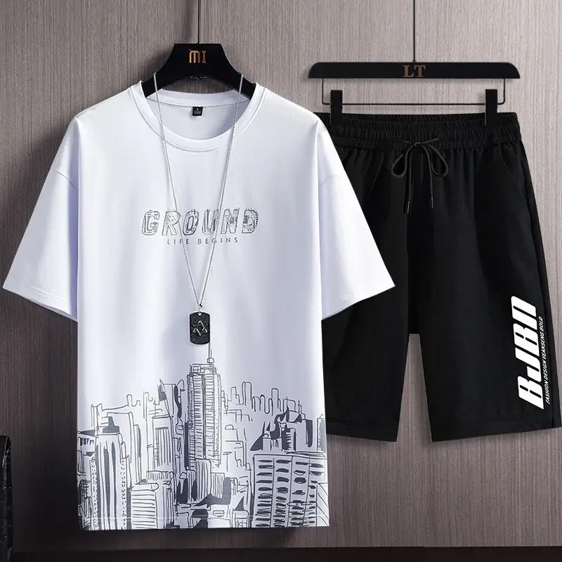 Men Ice Silk Gradient Shorts Set White Black Urban Print - Image 2