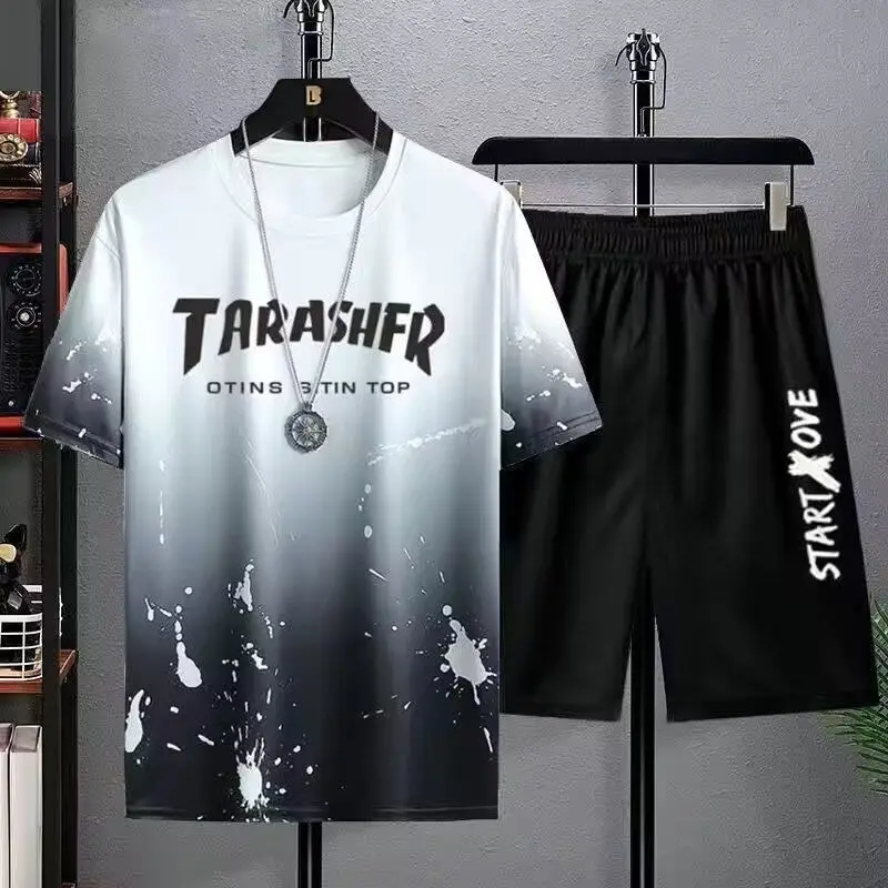 Men Ice Silk Gradient Shorts Set White Black Urban Print - Image 13