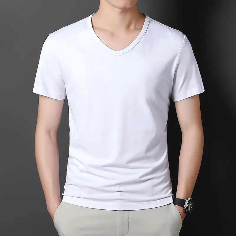 Men Black V-Neck Cotton T-Shirt Short Sleeve 2024 - Image 2