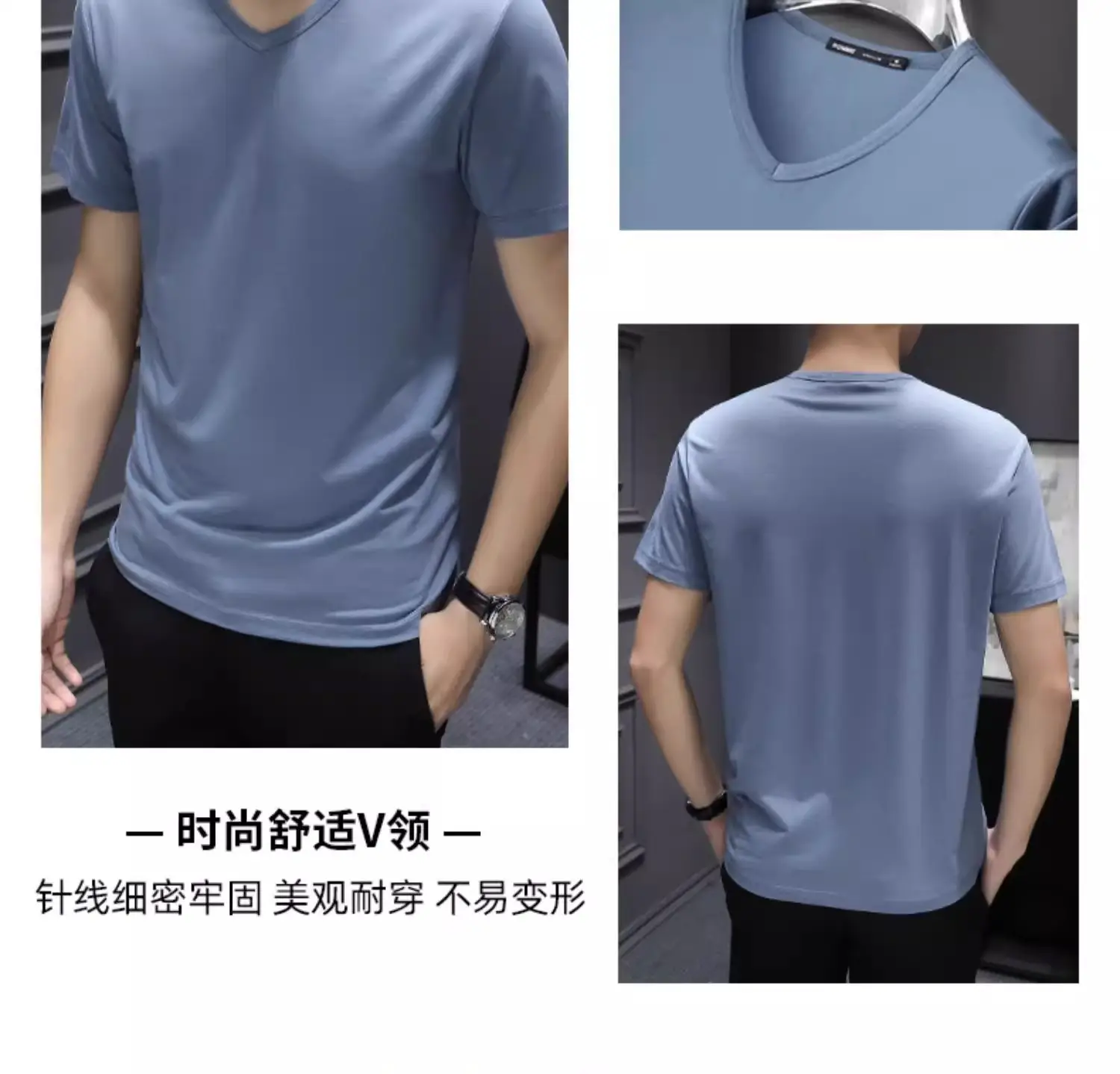 Men Black V-Neck Cotton T-Shirt Short Sleeve 2024 — feature 24