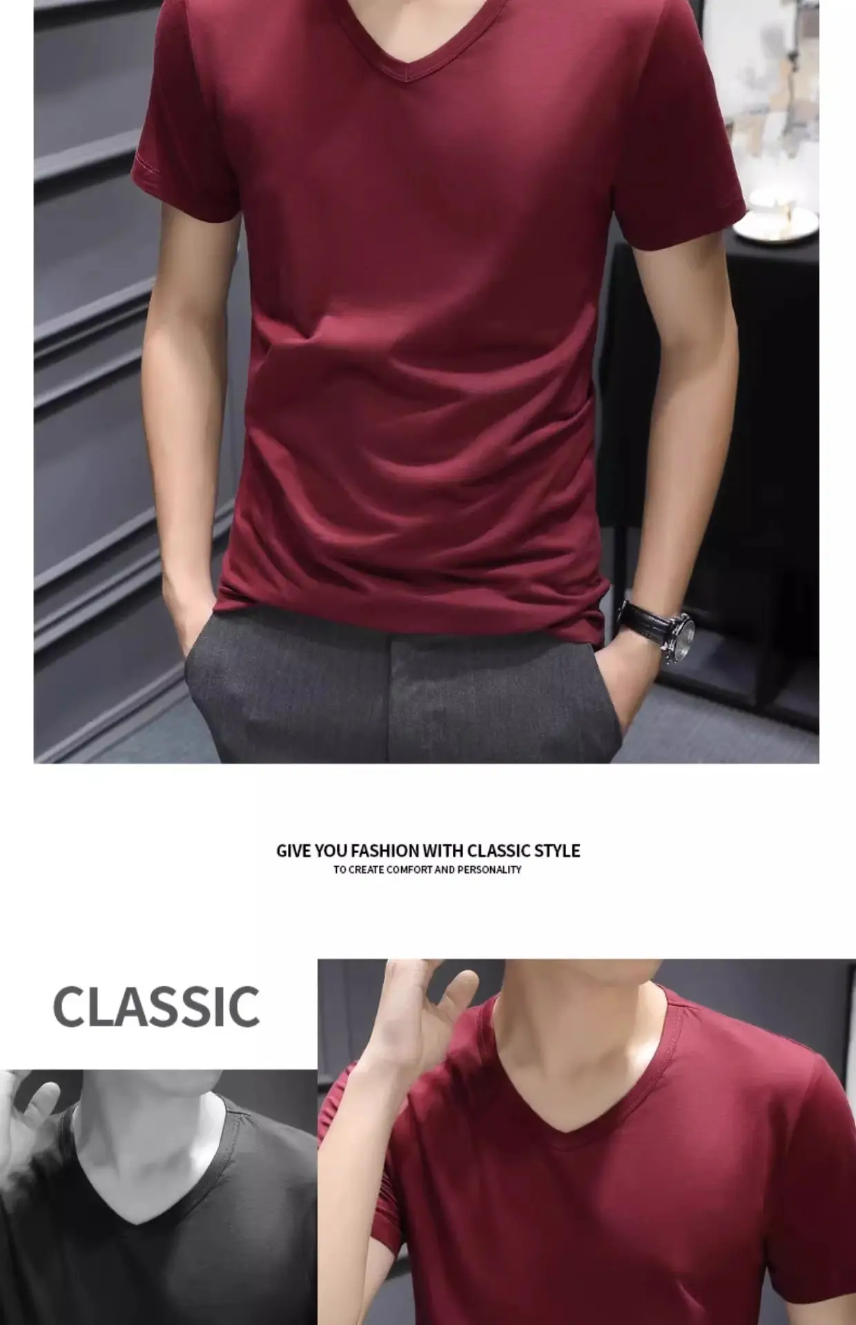 Men Black V-Neck Cotton T-Shirt Short Sleeve 2024 — feature 30
