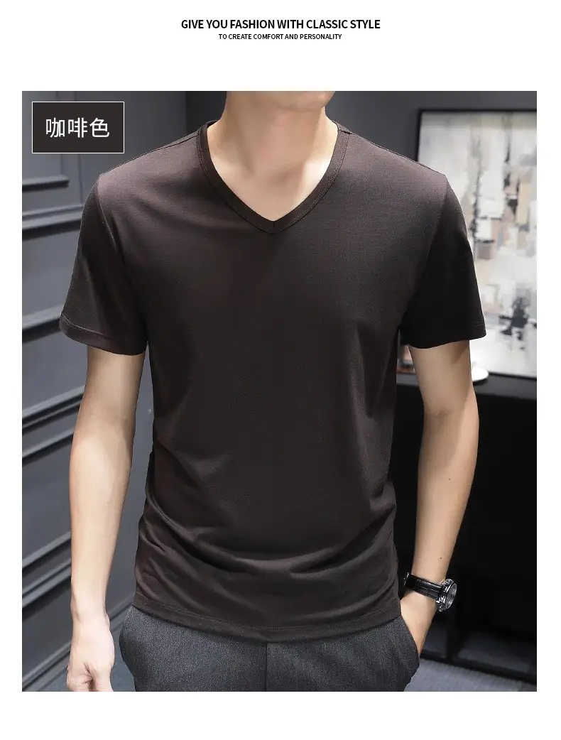 Men Black V-Neck Cotton T-Shirt Short Sleeve 2024 — feature 34