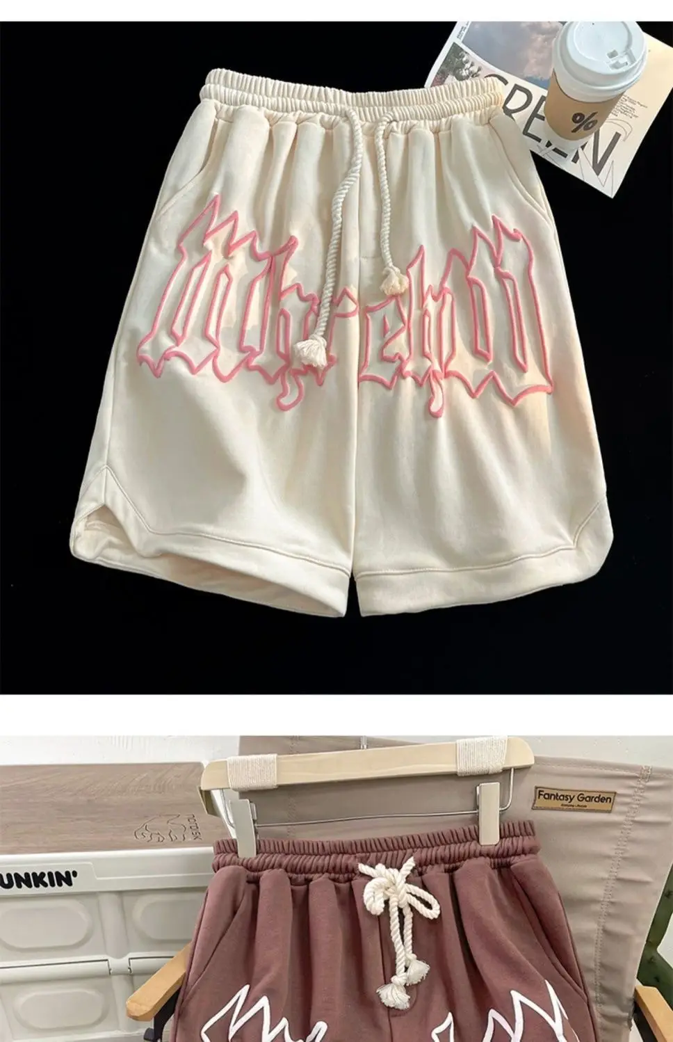 Men's Cream Foam Shorts with Pink Graphic Design — feature 2
